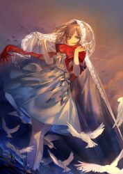  1girl absurdres amano_(amn_amn) bird black_bird bow brown_hair clouds cloudy_sky commentary_request dress evening floating_clothes full_body hands_up highres lace-trimmed_veil lace_trim looking_at_viewer medium_dress original outdoors parted_lips red_scarf scarf scarf_bow see-through_clothes see-through_veil simple_bird sky solo standing sunlight veil wading water white_bird white_dress white_veil 