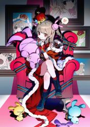  1girl absurdres black_boots boots bow box brown_hair bukurote chair commentary_request crossed_legs crown gift gift_box grin guest_art heart highres holding holding_gift holding_stuffed_toy long_hair looking_at_viewer natori_sana natori_sana_(nurse) red_socks sana_channel sitting smile socks solo spoken_heart stuffed_animal stuffed_rabbit stuffed_toy two_side_up 