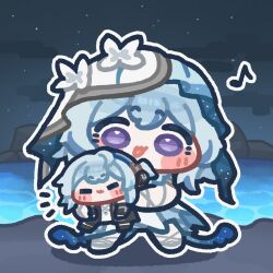  1boy 1girl :3 :d blush_stickers character_request chibi chibi_only commentary_request dress full_body holding holding_mini_person korean_commentary looking_at_viewer mini_person monyami notice_lines open_mouth outline shoes shorekeeper_(wuthering_waves) smile standing veil white_dress white_outline white_shoes wuthering_waves 