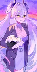  1girl absurdres belt black_coat black_hands blush breasts coat colored_extremities commentary_request crossed_bangs demon_girl demon_horns ear_piercing fate/grand_order fate_(series) food green_eyes grey_hair grey_sweater grin hair_between_eyes highres horns jewelry lilith_(fate) long_hair long_sleeves medium_breasts necklace piercing pointy_ears skirt smile solo sweater twintails very_long_hair white_skirt yuritoame 