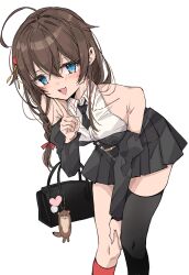  1girl ahoge asymmetrical_legwear bag bag_charm bare_shoulders black_dress black_hair black_necktie black_thighhighs blue_eyes bokukawauso braid charm_(object) chigasaki_yukari commentary_request detached_sleeves dress hair_flaps hair_over_shoulder highres kantai_collection long_hair miniskirt necktie official_alternate_costume red_socks shigure_(kancolle) shigure_(yokosuka)_(kancolle) shigure_kai_san_(kancolle) simple_background single_braid single_sock single_thighhigh skirt smile socks solo thigh-highs uneven_legwear white_background 