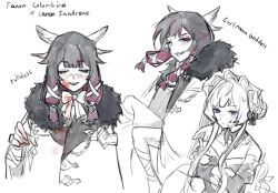  2girls aiguillette arm_ribbon bare_shoulders black_collar black_hair black_sleeves blood blood_on_clothes blood_on_face blood_on_hands blue_eyes blush bonnet closed_eyes closed_mouth coat collar columbina_(genshin_impact) crossed_arms detached_collar detached_sleeves dress english_commentary english_text eye_mask fangs fatui_coat fur-trimmed_coat fur-trimmed_hood fur_hood fur_trim genshin_impact hair_ornament hair_ribbon head_wings headdress highres hood leg_ribbon lemura long_hair long_sleeves mask multicolored_hair multiple_girls multiple_wings one_eye_closed open_mouth partially_colored purple_hair purple_streaks red_eyes ribbon sandrone_(genshin_impact) see-through_clothes see-through_mask short_hair short_hair_with_long_locks simple_background smile streaked_hair sweat sweatdrop two-tone_hair unusually_open_eyes white_background white_coat white_dress white_headdress white_mask white_wings winding_key wing_hair_ornament wings winter_clothes winter_coat wrist_bow x-shaped_eyewear 