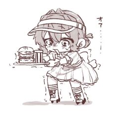  1girl 3znk alternate_costume ange_katrina blush burger carhop chibi cup disposable_cup dress food full_body gloves greyscale hair_between_eyes hair_intakes holding holding_tray medium_dress monochrome nijisanji open_mouth puffy_short_sleeves puffy_sleeves roller_skates short_sleeves simple_background skates solo standing striped_clothes striped_dress struggling sweatdrop translation_request tray trembling vertical-striped_clothes vertical-striped_dress virtual_youtuber visor_cap waitress 