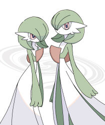  2girls arms_at_sides bob_cut closed_mouth colored_skin commentary dot_mouth expressionless flat_chest gardevoir green_hair green_skin hair_over_one_eye highres looking_afar looking_at_viewer multicolored_skin multiple_girls one_eye_covered pokemon pokemon_(creature) red_eyes short_hair standing suzu_(pixiv_32232702) two-tone_skin white_background white_skin 