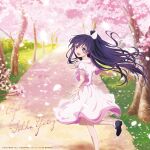  1girl black_footwear bow bush character_name cherry_blossoms date_a_live dress falling_petals grass hair_bow happy highres official_art open_mouth park petals pink_dress ponytail purple_hair road violet_eyes yatogami_tooka 