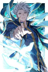  1boy artist_name blue_jacket commentary dated fairy_tail highres jacket long_sleeves looking_at_viewer lyon_bastia male_focus reaching reaching_towards_viewer short_hair solo spiky_hair upper_body white_hair xuchuan 