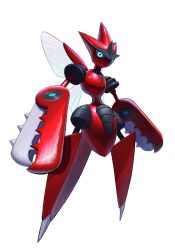  blue_eyes closed_mouth commentary_request full_body futena_goze glowing glowing_eyes highres insect_wings looking_at_viewer mega_pokemon mega_scizor no_humans pincers pokemon pokemon_(creature) scizor simple_background solo spikes white_background wings 