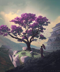 1girl architecture black_hair building castle cherry_blossoms cliff clouds cloudy_sky commentary east_asian_architecture english_commentary from_behind grass holding holding_umbrella japanese_clothes kimono landscape original outdoors painterly petals pink_kimono pink_petals pink_umbrella rock scenery sky standing sylvain_sarrailh tree umbrella web_address 