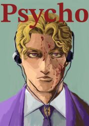  1boy american_psycho blonde_hair blood blood_on_face cosplay english_text hashtag-only_commentary headphones jg2iqo jojo_no_kimyou_na_bouken kira_yoshikage male_focus necktie parted_bangs patrick_bateman patrick_bateman_(cosplay) purple_necktie purple_suit red_pupils skull_print solo suit title upper_body violet_eyes 