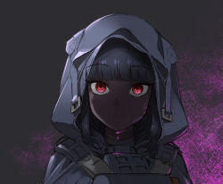  1girl black_coat black_hair blood blood_on_clothes blood_on_face blunt_bangs coat d_(nikke) goddess_of_victory:_nikke hood hood_up hooded_coat purple_blood red_eyes sidelocks solo tenbin_gashira upper_body 