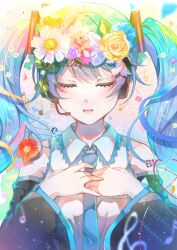  1girl ai_kotoba_(vocaloid) aqua_hair aqua_necktie arm_tattoo bare_shoulders black_sleeves blush closed_eyes collared_shirt commentary_request detached_sleeves eyelashes film_grain flower grey_shirt hands_up hatsune_miku head_wreath headphones headset highres leaf long_sleeves musical_note musical_staff namamake necktie number_tattoo open_mouth petals purple_flower revision shirt sleeveless sleeveless_shirt solo straight-on tattoo teeth tongue twintails upper_body vocaloid white_flower wide_sleeves yellow_flower 