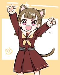  1girl animal_ears arms_up border braid brown_dress brown_hair cat_ears cat_girl cat_tail center-flap_bangs claw_pose commentary_request cowboy_shot dress hasu_no_sora_school_uniform highres kachimachi_kosuzu kanduki_kamibukuro kemonomimi_mode link!_like!_love_live! long_sleeves looking_at_viewer love_live! nyan outside_border pink_eyes sailor_collar sailor_dress school_uniform side_braids solo tail v-shaped_eyebrows virtual_youtuber white_background white_sailor_collar winter_uniform yellow_border 