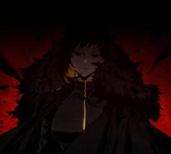  1girl binah_(project_moon) black_coat black_dress black_eyes black_hair blonde_hair breasts coat colored_inner_hair commentary_request dress fur-trimmed_coat fur_trim gold_trim highres large_breasts lobotomy_corporation mole mole_under_eye multicolored_hair official_alternate_costume project_moon red_background smile solo two-tone_hair zhang2011han 