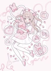  1girl :d absurdres apron bandaged_arm bandages blunt_bangs blush brown_hair cake cake_slice commentary_request dot_nose dress fang food fork fruit full_body guest_art hair_ornament hat heart highres holding holding_stuffed_toy long_hair looking_at_viewer natori_sana nurse_cap open_mouth pillow pink_apron pink_eyes pink_hat pink_sandals plate rabbit_hair_ornament sana_channel sandals short_sleeves skin_fang smile solo spoon strawberry stuffed_animal stuffed_rabbit stuffed_toy thigh-highs tokareta_tamago two_side_up white_dress white_thighhighs 