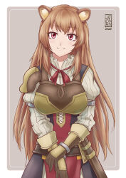 1girl animal_ear_fluff animal_ears armor artist_logo artist_name belt black_dress border breastplate breasts brown_armor brown_background brown_belt brown_gloves brown_hair closed_mouth collared_dress commentary dated dress elbow_gloves gloves high_collar highres holding_own_hand jvco_arts large_breasts layered_dress leather_armor logo long_hair long_sleeves metal_arm_cuffs metal_wrist_cuffs neck_ribbon open_collar outside_border pauldrons pinstripe_dress pinstripe_pattern raccoon_ears raccoon_girl raphtalia red_dress red_eyes red_ribbon ribbon scabbard sheath short_dress shoulder_armor simple_background single_pauldron sleeveless sleeveless_dress smile solo straight-on straight_hair tate_no_yuusha_no_nariagari two-tone_dress white_border white_dress 