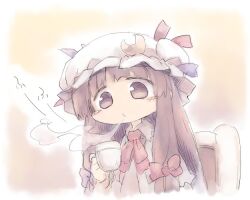  1girl blowing blowing_on_food blunt_bangs blush_stickers border bow bun_cover chair closed_mouth crescent crescent_hat_ornament cup deformed drink fading_border frills gradient_background hair_bow hand_up hat hat_ornament holding holding_cup holding_drink jpeg_artifacts long_hair mob_cap nekoguruma no_nose no_pupils on_chair pale_color patchouli_knowledge puckered_lips purple_hair ribbon solo sound_effects steam steaming_cup tareme teacup touhou two-tone_background upper_body violet_eyes white_hat wing_collar yellow_background 