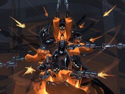  1girl afterimage aiming aiming_at_viewer black_hair boots breast_pocket deadlock_(game) faceless faceless_female gameplay_ability gameplay_mechanics glowing glowing_eyes gun haze_(deadlock) highres holding holding_gun holding_weapon jeremy_anninos knee_boots long_sleeves looking_at_viewer orange_shirt pocket shirt weapon yellow_eyes 