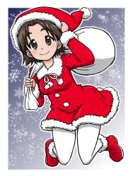 1girl alternate_costume boots brown_eyes brown_hair closed_mouth commentary dress floating full_body fur-trimmed_boots fur-trimmed_dress fur_trim girls_und_panzer hand_on_headwear hat holding holding_sack legs_up long_sleeves looking_at_viewer over_shoulder pantyhose parted_bangs red_boots red_dress red_hat sack santa_costume santa_hat sawa_azusa short_dress short_hair smile snowflakes snowing solo takahashi_kurage white_pantyhose 