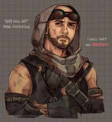  1boy beard black_gloves chest_belt commentary elbow_gloves english_commentary english_text facial_hair fingerless_gloves furrowed_brow gloves goggles goggles_on_head highres holding_pendant hood hood_up iron_lung_(movie) looking_to_the_side male_focus mick_lauer narrowed_eyes novidecem scar scar_on_face solo source_quote upper_body 