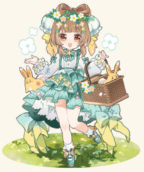  >_< 1girl :3 alternate_costume basket blue_bow blue_bowtie blue_dress bow bow-shaped_hair bowtie brown_hair commentary_request dress flower flower_wreath full_body genshin_impact head_wreath holding holding_basket long_sleeves looking_at_viewer open_mouth orange_eyes picnic_basket short_hair_with_long_locks solo standing striped_bow striped_bowtie striped_clothes teeth triangle_mouth tuduri upper_teeth_only white_dress white_flower yaoyao_(genshin_impact) yuegui_(genshin_impact) 