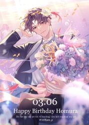  1boy absurdres black_pants bouquet character_name closed_mouth commentary_request coral curtained_hair dated dress_shirt fingernails fish hand_up happy_birthday highres holding holding_bouquet jacket jellyfish layered_clothes long_sleeves looking_at_viewer love_and_deepspace male_focus necktie open_clothes open_jacket pants purple_hair purple_necktie rafayel_(love_and_deepspace) rei_(usabiba) seashell shell shirt short_hair smile solo twitter_username underwater violet_eyes watermark white_shirt wingtip_collar 