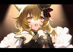  1girl animal_ears arknights bare_shoulders black_choker black_dress black_gloves blonde_hair blurry choker commentary_request dress gloves gomago_magoma hair_between_eyes hat highres holding holding_microphone letterboxed long_hair looking_at_viewer microphone official_alternate_costume open_mouth partial_commentary reaching reaching_towards_viewer solo sora_(arknights) sora_(melodiosa)_(arknights) teeth upper_body upper_teeth_only wolf_ears wolf_girl 