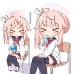  &gt;_&lt; 2girls ahoge black_sailor_collar black_skirt black_thighhighs blue_archive blush buttons cardigan chair drinking drinking_straw drinking_straw_in_mouth dual_persona halo hana_kazari highres long_hair long_sleeves multiple_girls natsu_(blue_archive) neckerchief parted_lips pink_hair pink_halo pleated_skirt red_neckerchief sailor_collar school_chair shoes side_ponytail simple_background sitting skirt thigh-highs translation_request white_background white_cardigan white_footwear 
