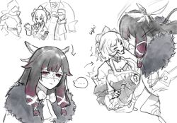  ... 2girls bare_shoulders black_collar black_hair black_sleeves blue_eyes bonnet bow bowtie breasts closed_eyes closed_mouth coat collar columbina_(genshin_impact) detached_collar detached_sleeves dress english_text eye_mask fatui_agent_(genshin_impact) fatui_coat fatui_oprichniki_(genshin_impact) fur-trimmed_coat fur-trimmed_hood fur_hood fur_trim genshin_impact grabbing_another's_face hair_flaps hair_ornament hand_on_another's_cheek hand_on_another's_face head_grab head_wings headdress highres hood lemura long_hair long_sidelocks long_sleeves mask multicolored_hair multiple_girls multiple_wings open_mouth partially_colored pulonia_(genshin_impact) purple_hair purple_streaks red_eyes ribbon sandrone_(genshin_impact) see-through_clothes see-through_mask short_hair_with_long_locks sidelocks simple_background spoken_ellipsis streaked_hair two-tone_hair unusually_open_eyes very_long_hair white_background white_coat white_headdress white_mask white_wings wince winding_key wing_hair_ornament wings x-shaped_eyewear yandere 