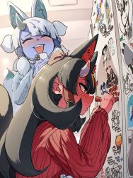 2girls animal_ears black_hair blue_skin blush cellphone colored_skin commentary_request extra_ears fox_ears fox_girl fox_tail ginkaku_(kemono_friends) grey_hair highres horns indoors kemono_friends kemono_friends_3 kinkaku_(kemono_friends) long_hair mcgunngu multiple_girls pen phone red_eyes red_skin ribbon smartphone sweater tail 