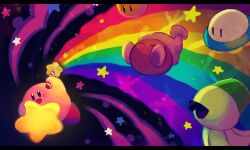  akibevillage closed_eyes cool_spook highres holding holding_wand kirby kirby's_adventure kirby_(series) laser_ball letterboxed no_humans noddy_(kirby) open_mouth rainbow star_(symbol) star_rod sunglasses ufo_(kirby) wand warp_star 
