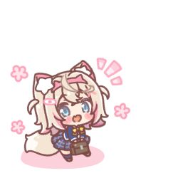  1girl :d animal_ear_fluff animal_ears blazer blue_eyes blue_jacket blue_skirt blue_socks blush_stickers bow briefcase brown_hair brown_shoes chibi colored_shadow dog_ears dog_girl dog_tail fake_horns fang hairband highres holding hololive hololive_english horns jacket mitarashi_neko mococo_abyssgard multicolored_hair notice_lines pink_hair pink_hairband plaid_clothes plaid_skirt pleated_skirt school_briefcase school_uniform shadow shoes simple_background skirt smile socks solo standing streaked_hair tail virtual_youtuber white_background yellow_bow 