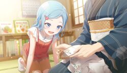  2girls :d aged_down aqua_eyes aqua_hair blue_kimono blurry blurry_background bokeh brown_shorts buttons calendar_(object) child colorful_palette depth_of_field dot_nose dress embroidery fingernails game_cg grandmother_and_granddaughter hair_ornament hairclip happy head_out_of_frame heart highres hinomori_shizuku indoors japanese_clothes kimono kneeling kono_hito_hari_ni_omoi_wo_komeru_(project_sekai) lace-trimmed_dress lace_trim looking_at_object mole mole_under_mouth multiple_girls obi official_art old old_woman open_mouth pentagon_(shape) project_sekai raised_eyebrows red_dress sash seiza shirt shirt_under_dress short_sleeves shorts sitting smile socks solo_focus strap striped_clothes striped_kimono third-party_source white_shirt white_socks 