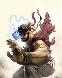  1boy arms_up beard brown_hair cape clenched_hand closed_mouth commentary english_commentary facial_hair fingerless_gloves frown gloves headband heyjay highres male_focus muscular muscular_male o-ring pants red_headband ryu_(street_fighter) short_hair solo street_fighter street_fighter_6 thick_eyebrows torn_cape torn_clothes white_pants 