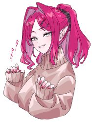  1girl baobhan_sith_(fate) breasts brown_sweater fate/grand_order fate_(series) grey_eyes hair_ornament high_ponytail highres long_hair long_sleeves looking_at_viewer niwaikanai original pink_hair pointy_ears ponytail red_nails sidelocks simple_background smile solo sweater tiara turtleneck turtleneck_sweater white_background 