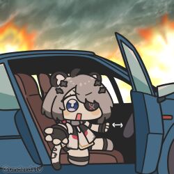  animal_ears arknights arknights:_endfield blue_eyes car chibi commentary_request eyepatch fingerless_gloves fire gloves grey_hair hair_ornament highres korean_commentary motor_vehicle sitting tail tangtang_(arknights) tiger_ears tiger_girl tiger_tail underdatv 