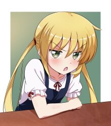  1girl absurdres blonde_hair blush collarbone green_eyes hayate_no_gotoku! highres looking_at_viewer lostorder open_mouth sanzen'in_nagi short_sleeves simple_background solo twintails 