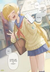  1girl absurdres alternate_costume alternate_hairstyle artist_name bag blonde_hair blue_sailor_collar blue_skirt breasts cardigan cellphone cellphone_charm charm_(object) clang_bang_(wuthering_waves) closed_eyes commentary day english_text facing_viewer flying_sweatdrops hair_ornament highres holding holding_phone leaning_forward long_hair medium_breasts neckerchief open_mouth outdoors phoebe_(wuthering_waves) phone pururin_2000 red_neckerchief sailor_collar school_uniform shoulder_bag skirt smartphone smile solo tacet_mark_(wuthering_waves) very_long_hair w wuthering_waves x_hair_ornament yellow_cardigan 