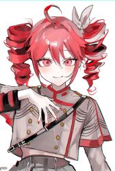  1girl ahoge arm_at_side bad_id bad_twitter_id blush bow buttons chromatic_aberration closed_mouth crop_top crop_top_overhang cropped_jacket double-breasted double-parted_bangs drill_hair grey_jacket grey_skirt hair_between_eyes hair_bow hair_intakes hand_on_own_chest hand_up high-waist_skirt highres jacket kasane_teto kasane_teto_(sv) layered_sleeves long_sleeves looking_at_viewer midriff musical_staff musical_staff_print nail_polish pale_skin red_eyes red_hair red_nails red_trim short_hair short_over_long_sleeves short_sleeves shoulder_belt shoulder_boards sidelocks simple_background skirt sleeve_cuffs smile solo straight-on synthesizer_v turtleneck turtleneck_jacket twin_drills upper_body utau vocaloid_boxart_pose white_background white_bow yeonju 