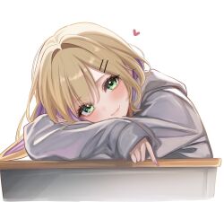  1girl blonde_hair closed_mouth colored_inner_hair commentary_request desk fang fang_out green_eyes grey_jacket hair_ornament hairclip heart highres hood hood_down jacket kurumi_noah long_hair long_sleeves looking_at_viewer multicolored_hair purple_hair purple_nails sa-ya2 school_desk simple_background smile solo virtual_youtuber vspo! white_background 