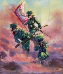  3girls attack bandages bandages_over_mouth belt blonde_hair blood blood_on_bandages blue_eyes bolt_action boots flag flagpole fyugins_png green_hat green_jacket green_pants gun hashtag-only_commentary hat highres holding holding_gun holding_pole holding_weapon imperial_russian_army jacket military mosin-nagant multiple_girls original pants peaked_cap pole rifle sam_browne_belt shoulder_belt soldier weapon world_war_i 