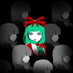  6+girls blue_eyes bow clone colored_skin commentary creepy_eyes da_kong_moshu_shi dark faceless faceless_female from_side front_ponytail green_hair hair_bow hashtag-only_commentary horror_(theme) kagiyama_hina long_hair looking_at_viewer missing_headwear multiple_girls multiple_hair_bows parted_lips portrait red_bow smile spot_color touhou vignetting white_skin 