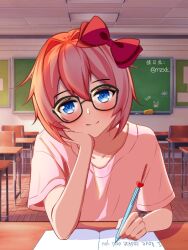  aqua_eyes bespectacled black-framed_eyewear blush bow ceiling chair chalkboard classroom closed_mouth collarbone commentary_request desk doki_doki_literature_club eyelashes glasses hair_bow hair_intakes hand_on_own_face head_rest heart holding holding_pen indoors mitsuju_shok pen pink_hair pink_shirt red_bow sayori_(doki_doki_literature_club) school_desk shirt short_hair short_sleeves smile split_mouth tile_ceiling tiles twitter_username writing 