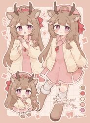  1girl :d :o absurdres animal_ears antlers blunt_bangs blush_stickers boots border brown_boots brown_border brown_hair chibi closed_mouth collared_dress colon_br commentary commission deer_antlers deer_ears deer_girl double-parted_bangs dress frilled_dress frills full_body grid_background hand_up hat highres horns jacket jewelry kneehighs long_hair long_sleeves looking_at_viewer multiple_views necklace open_clothes open_jacket open_mouth original outline outside_border own_hands_together palms_together pink_hat skeb_commission smile socks standing violet_eyes white_background white_outline white_socks yellow_jacket 