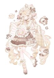  1girl :d apron bandaid bandaid_on_leg bow brown_bow brown_sandals brown_skirt checkerboard_cookie cookie dot_nose food frilled_apron frilled_skirt frilled_sleeves frilled_socks frills full_body geta green_eyes green_hair hair_between_eyes hair_bow highres japanese_clothes kimono long_hair long_sleeves looking_at_viewer macaron memuro open_mouth original pink_apron pink_kimono pleated_skirt ribbon-trimmed_socks ribbon_trim sandals simple_background skirt sleeve_bow smile socks solo standing standing_on_one_leg striped_bow striped_clothes striped_kimono striped_socks tabi white_background white_socks wide_sleeves 