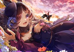  1boy 1girl absurdres animal_ears bare_shoulders blue_dress blue_flower blue_hat blue_rose blush brown_hair brown_horse commentary_request creature_and_personification dagger dress flipped_hair flower fur_choker hair_over_one_eye hat hat_flower highres horse horse_ears horse_girl horse_tail horseback_riding knife long_hair long_sleeves looking_at_viewer lying matoba_hitoshi off-shoulder_dress off_shoulder on_back open_mouth outdoors personification real_life rice_shower_(racehorse) rice_shower_(rosy_dreams)_(umamusume) rice_shower_(umamusume) riding rose sheath sheathed sky smile tail tilted_headwear umamusume violet_eyes weapon yu-muge 