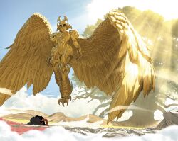  2girls absolute_dc absolute_wonder_woman amazon_warrior angel_wings arm_tattoo arm_wrap armor athena_dc black_hair boots breastplate covered_eyes dc_comics feathered_wings full_armor gauntlets gold gold_armor gold_boots gold_helmet helmet helmet_over_eyes highres kneeling long_hair mattia_de_iulis multiple_girls muscular muscular_female ornate_armor red_tattoo shoulder_armor sunlight tattoo tattoo_sleeve wings wonder_woman wonder_woman_(absolute_dc) wonder_woman_(series) worship 