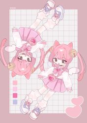  2girls animal_ears bell border bow bowtie cat_ears cat_girl color_guide commentary full_body hair_bell hair_ornament heart heart-shaped_bag highres long_hair long_sleeves minase_momo miniskirt multiple_girls open_mouth original pink_bow pink_bowtie pink_hair pink_sailor_collar pink_skirt pleated_skirt rotational_symmetry sailor_collar school_uniform serafuku shirt shoes siblings skirt smile sneakers socks standing twins twintails untranslatable_commentary white_shirt white_shoes white_socks wings 