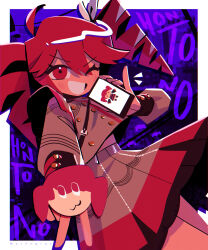  1girl ;d ahoge border bow buttons chromatic_aberration commentary cowboy_shot cropped_torso double-breasted double-parted_bangs drill_hair english_commentary eyes_visible_through_hair film_grain grey_jacket grey_skirt grin gyaru_v hair_between_eyes hair_bow hand_up high-waist_skirt highres hito_mania_(utau) holding holding_phone jacket kasane_teto kasane_teto_(sv) kasane_teto_(utau) layered_sleeves leaning_to_the_side long_sleeves looking_at_viewer medium_hair midriff miniskirt musical_staff musical_staff_print no_nose one_eye_closed outside_border outstretched_arms petticoat phone pinky_out puffy_long_sleeves puffy_sleeves purple_background red_eyes red_hair red_trim short_over_long_sleeves short_sleeves shoulder_belt sidelocks simple_background skirt sleeve_cuffs smile solo st4ngray standing synthesizer_v twin_drills utau v v-shaped_eyebrows white_border white_bow 