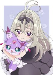  1girl absurdres antenna_hair black_bow black_capelet black_dress bow brooch capelet closed_mouth commentary_request dress frills gradient_hair grey_hair hair_between_eyes hair_bow hair_intakes heart heart_brooch highres holding hug jewelry long_hair looking_at_viewer mashu-tan meitantei_precure! moria_luluka morishita_(moricuremori) multicolored_hair precure smile violet_eyes 