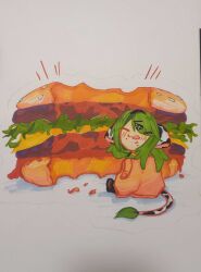  1girl :3 absurdres animal_ears blush burger cheese closed_eyes commentary cow_ears cow_girl cow_tail crelly crumbs dr_4_real english_commentary food food_bite food_on_face full_body green_hair grey_background highres indie_virtual_youtuber lettuce long_hair looking_back mole mole_under_mouth oversized_food oversized_object sesame_seeds simple_background sitting smile solo tail tongue tongue_out traditional_media virtual_youtuber 